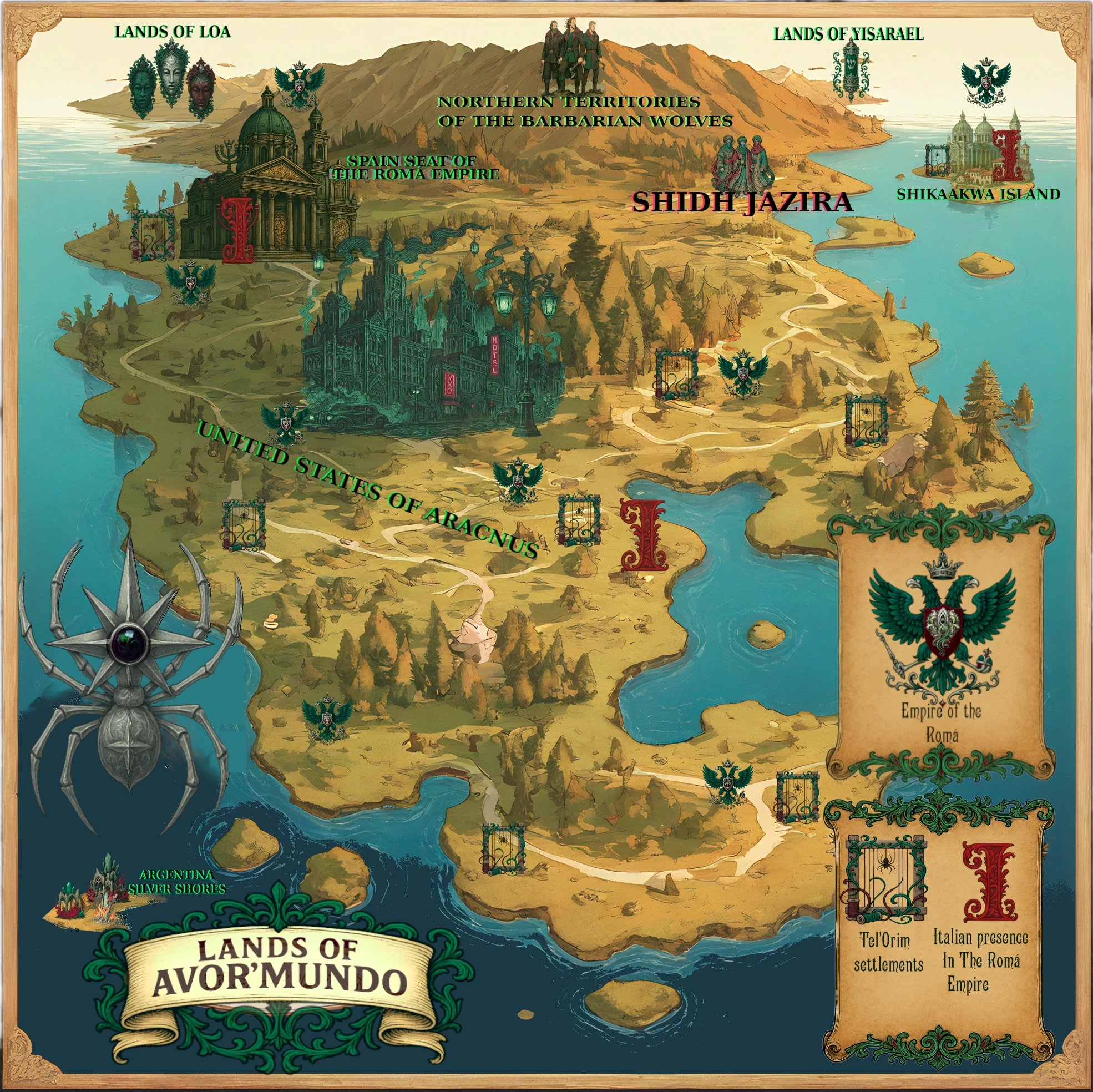 Map of the Lands of Avôr'Mundô showing Shidh'Jazira, United States of Aracnus, and the Romá Empire